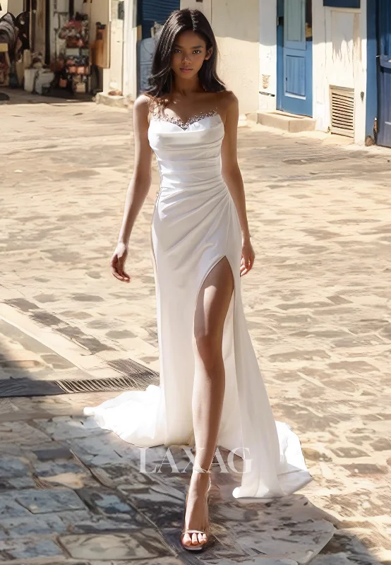 Strapless Beaded Pleated Sleek Satin High Slit Elegant Wedding Dress with Train