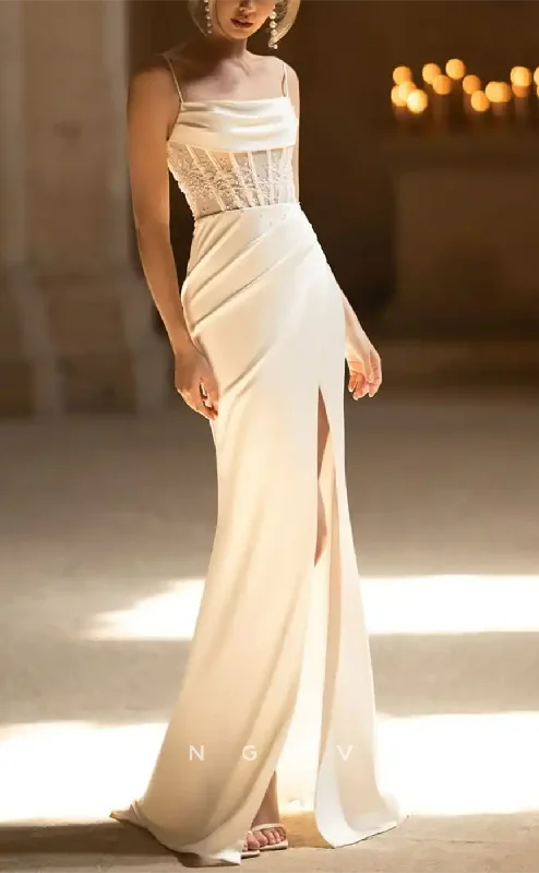 Weekend Mega Sale Event H0957 - Illusion Lace Applique Pearl Beaded With Train And Slit Long Wedding Dress