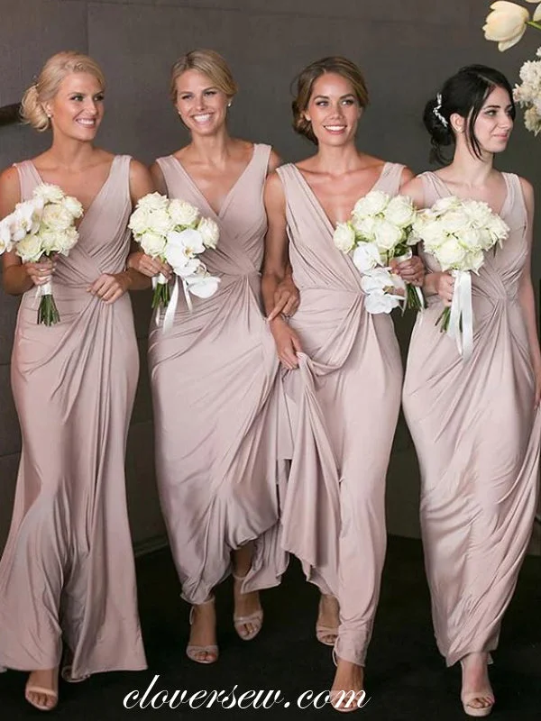 Weekend Only Deals Dusty Pink Elastic Satin V-neck Sheath Long Bridesmaid Dresses ,CB0157