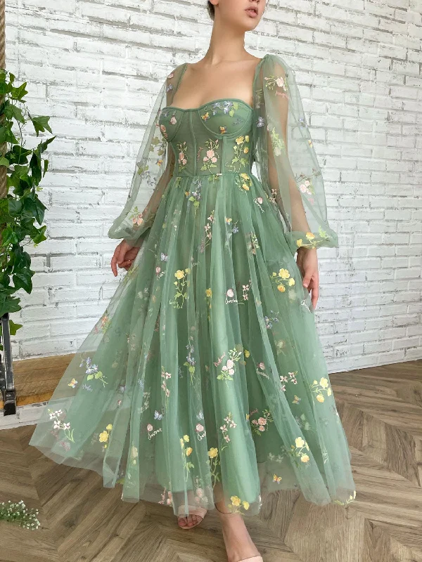 Elegant Long Sleeves Tulle Tea Length Puffy Green Prom Dress, Green Bridesmaid Dresses