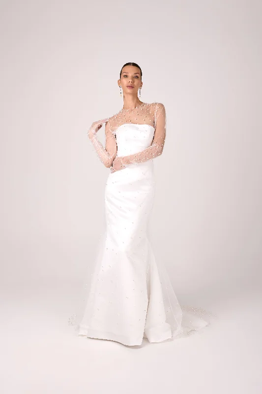 Elegant Satin and Sheer Illusion Pearl-Embellished Mermaid Wedding Dress