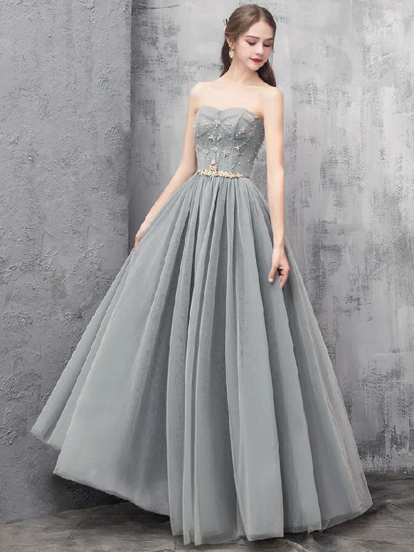 Limited-Time Flash Deal Gray A-line Tulle Long Prom Dress Gray A-line Formal Evening Dress