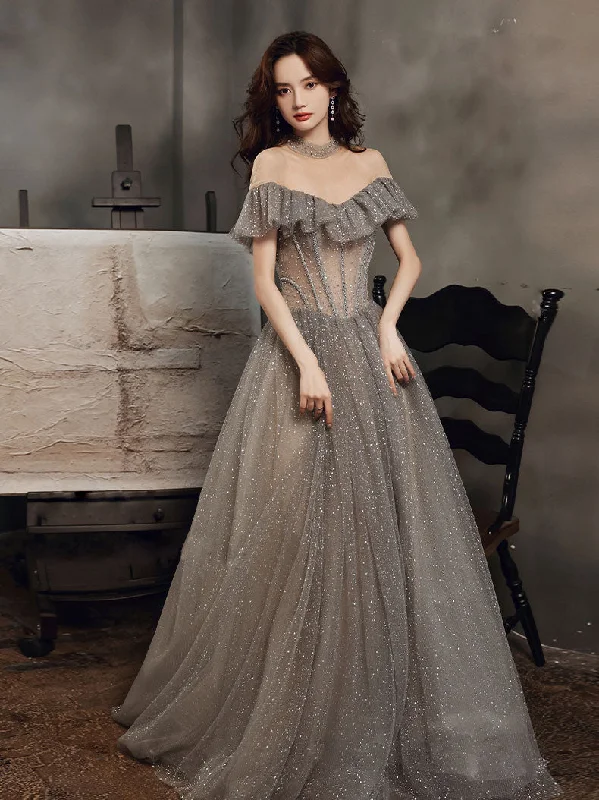 Weekend Deal Rush Gray High Neck Tulle Sequin Long Prom Dress Gray Formal Dress