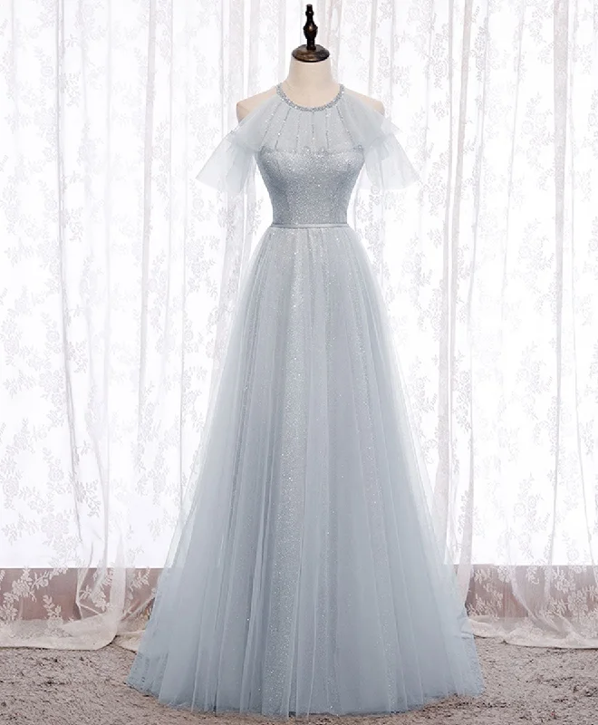 Weekend Price Breaks Gray A line Tulle Long Prom Dress, Gray Formal Bridesmaid Dress