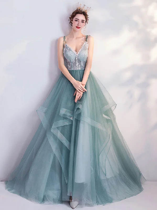 Weekend Steal of the Day Green V Neck Tulle Lace Long Prom Dress Green Evening Dress