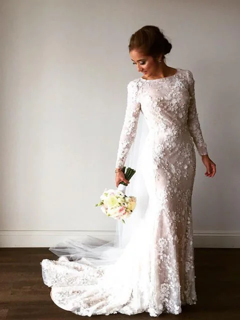 Lace Wedding Dresses Bateau Mermaid Long Sleeve Sparkly Romantic Bridal Gown JKW352