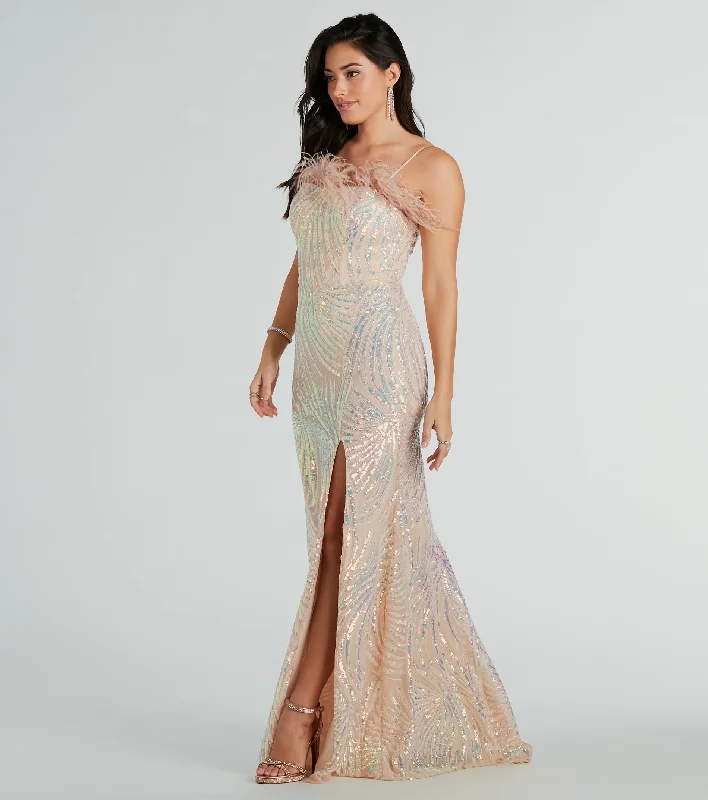 London Formal Sequin Feather Mermaid Dress