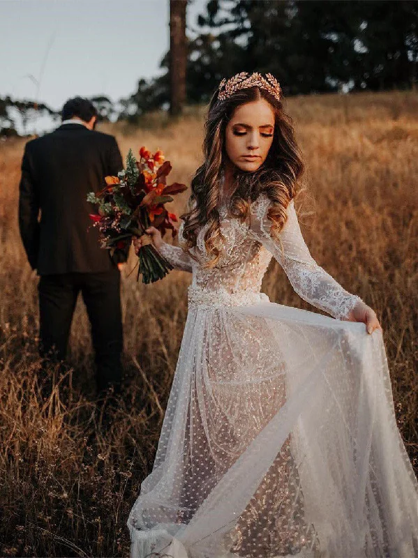 Long Sleeve Wedding Dresses V-neck Long Train Polka Dot Lace Open Back Boho Bridal Gown JKW371