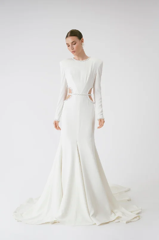 Elegant Satin Long Sleeve Fit-and-Flare Wedding Dress