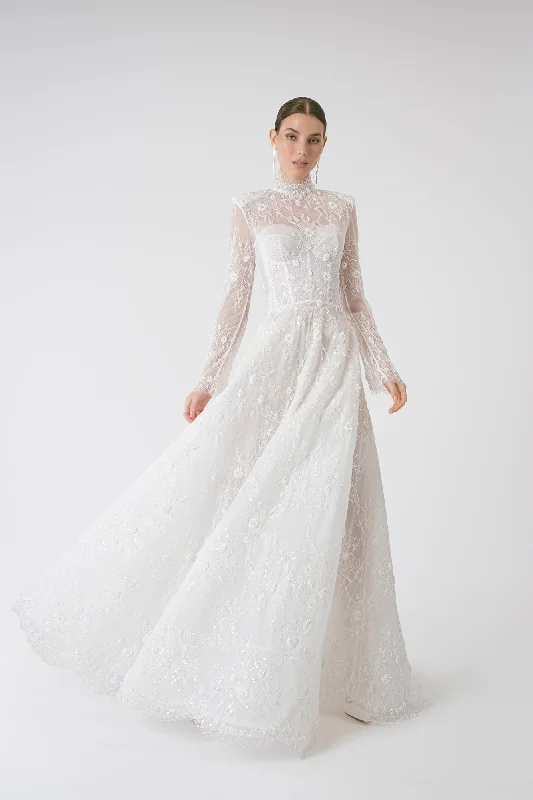 Romantic Lace High Neck and Long Sleeves A-line Wedding Dress