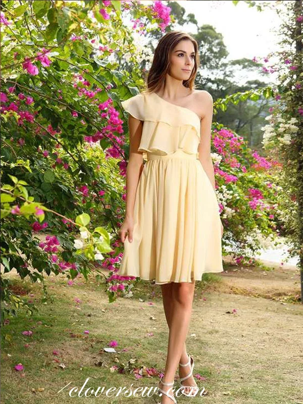 Super Price Drop One Shoulder Yellow Chiffon A-line Short Bridesmaid Dresses,CB0172