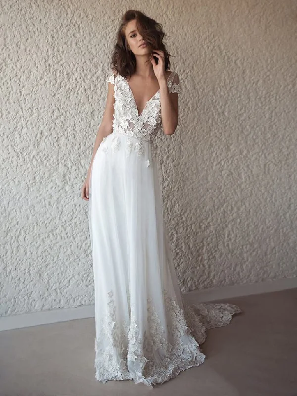 Open Back Wedding Dresses A-line V-neck Appliques Romantic Backless Simple Bridal Gown JKW359