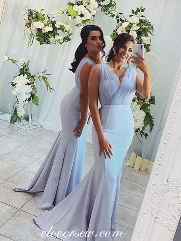 Weekend Steals Await Pale Blue V-neck Sleeveless Elegant Mermaid Bridesmaid Dresses,CB0152