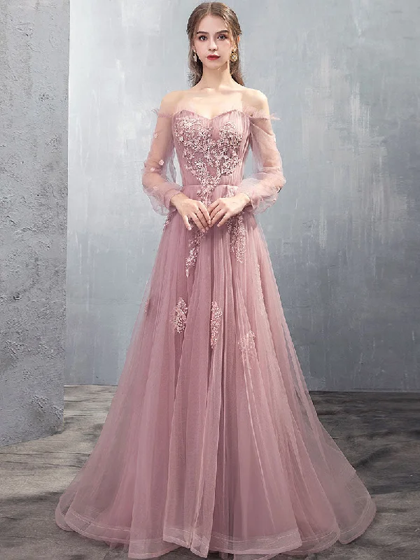 Weekend Steals Pink A-line Tulle Lace Long Prom Dress Pink Lace Evening Dress