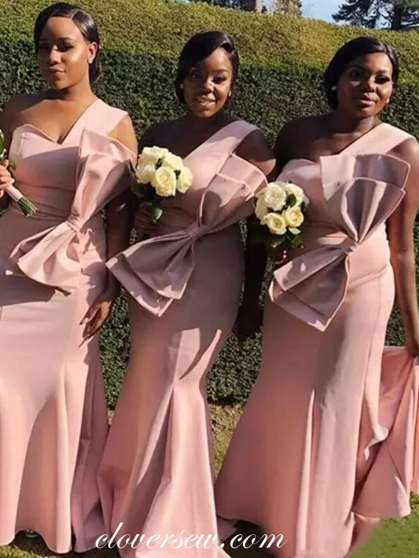 Weekend Discount Blast Pink Satin One Shoulder With Bowknot Sheath Bridesmaid Dresses,CB0169