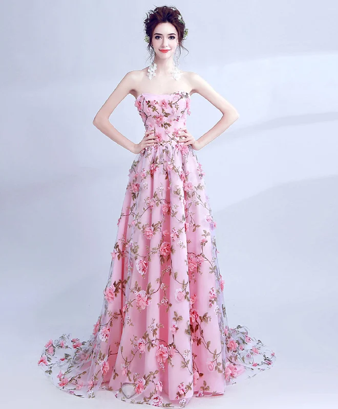 Pink Tulle 3D Flowers Long Prom Dress, Pink Long Graduation Dresses