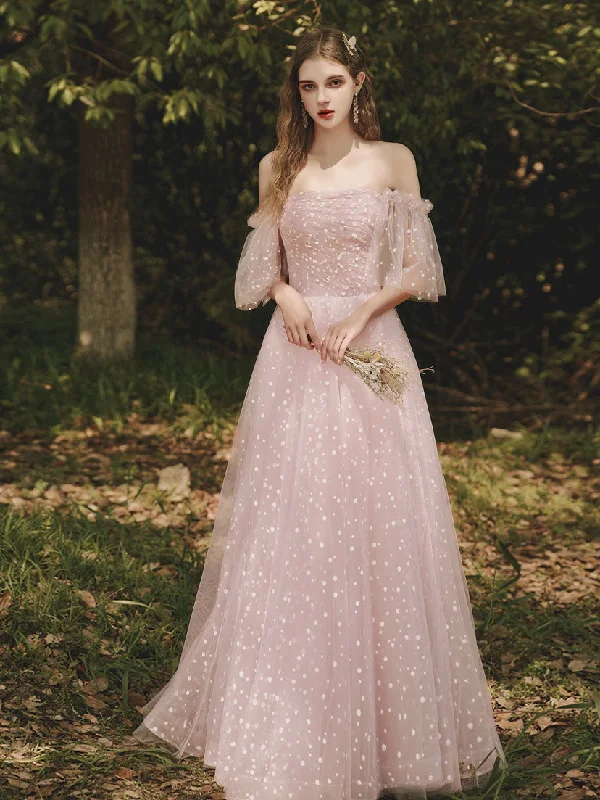 Weekend Sale Marathon Aline Pink Tulle Long Prom Dresses, Pink Off Shoulder Formal Graduation Dresses Weekend Sale Marathon Aline Pink Tulle Long Prom Dresses, Pink Off Shoulder Formal Graduation Dresses