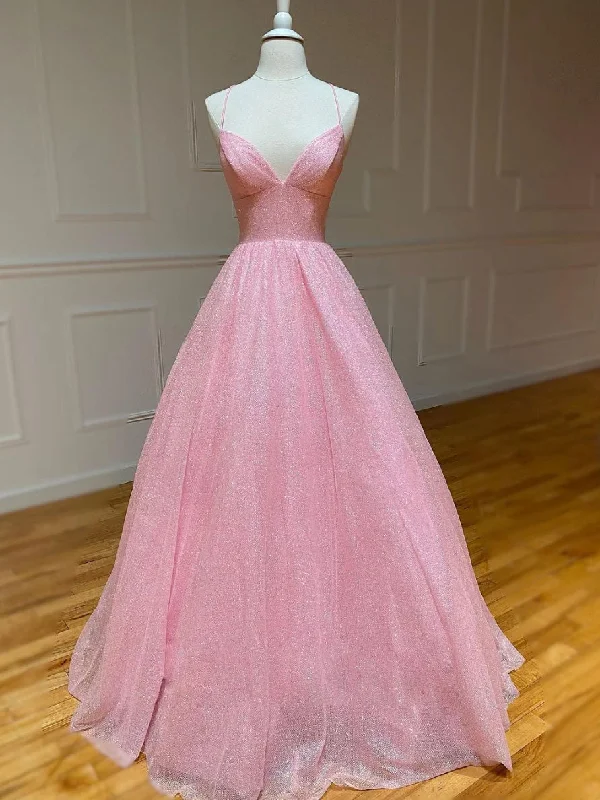 Pink V Neck Long Prom Dress, Pink A-line Sequin Tulle Evening Dress