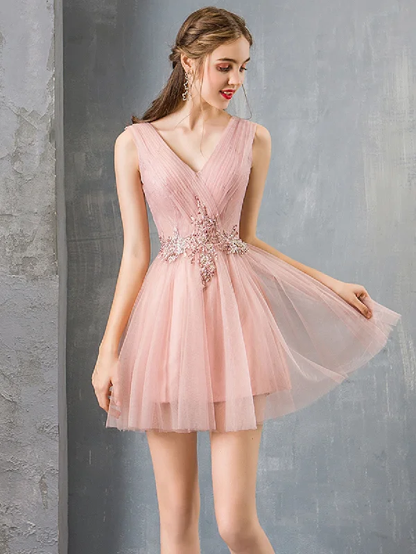 Weekend Mega Sale Event Pink V Neck Tulle Lace Short Prom Dress Pink Homecoming Dress