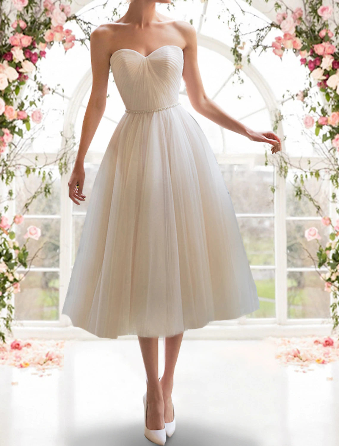 Today’s Flash Sale Reception Little White Dresses Wedding Dresses A-Line Sweetheart Strapless Tea Length Tulle Bridal Gowns With Sashes / Ribbons Pleats