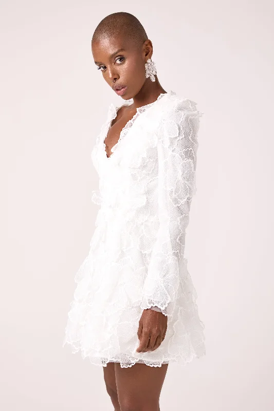 Romantic Floral Embellished Long-Sleeve Mini Wedding Dress