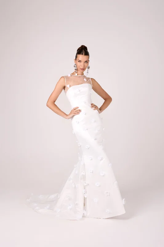 Romantic Satin Mermaid Gown with Sheer Illusion Neckline and 3D Floral Accents