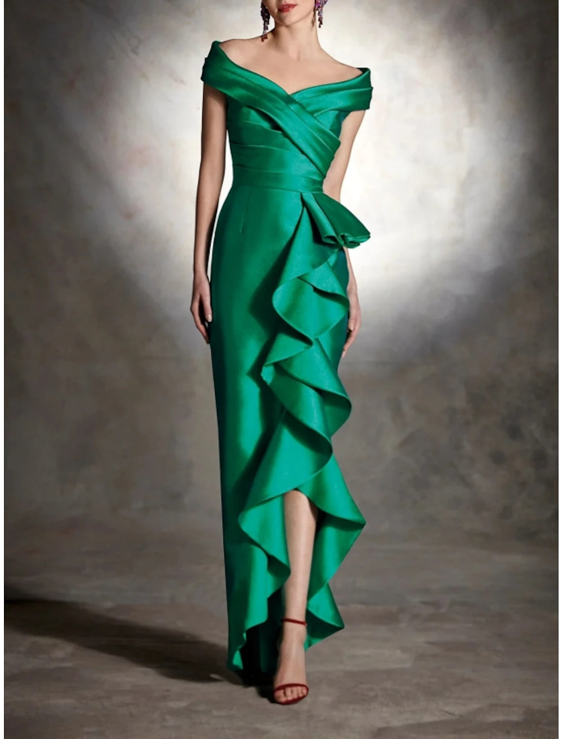 Offer of the Day Sheath Formal Dress Cocktail Dresses Red Green Dress Vintage Dress Formal Wedding Guest Asymmetrical Sleeveless Off Shoulder Satin with Ruffles
