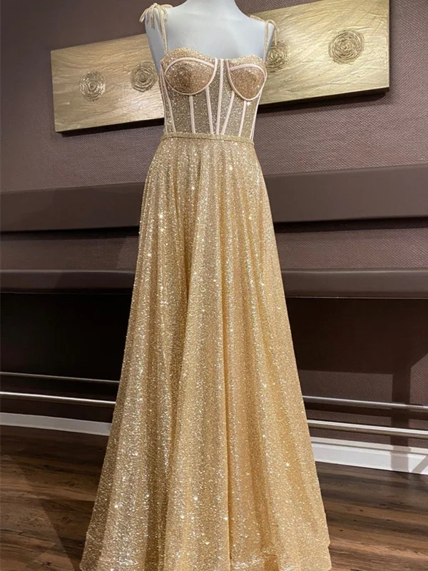 Shiny A Line Spaghetti Straps Gold Prom Dresses Long, Sweetheart Neck Golden Formal Dresses, Gold Tulle Evening Dresses