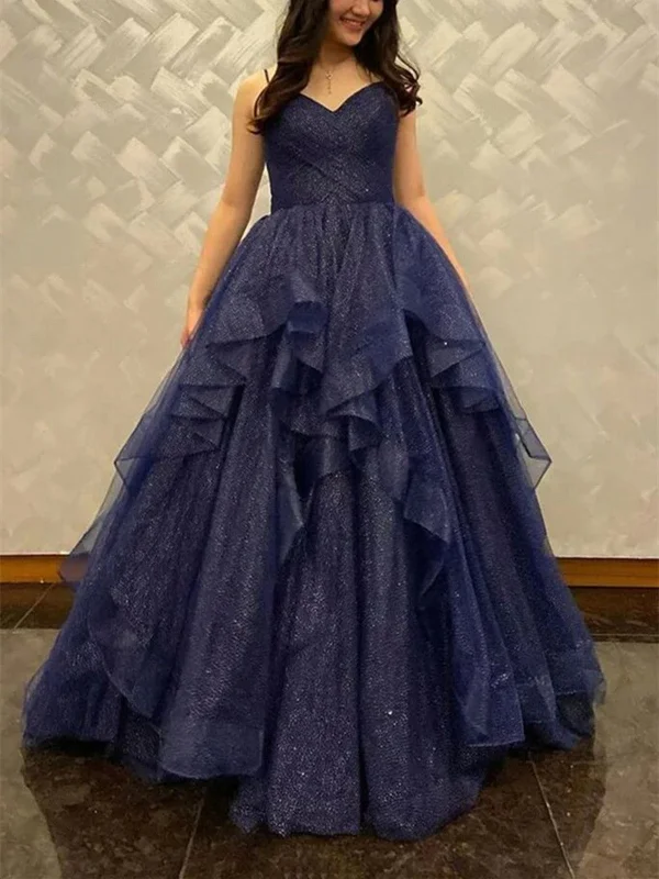 Shiny V Neck Navy Blue Tulle Long Prom Dresses, Navy Blue Formal Evening Dresses Long, Ball Gown