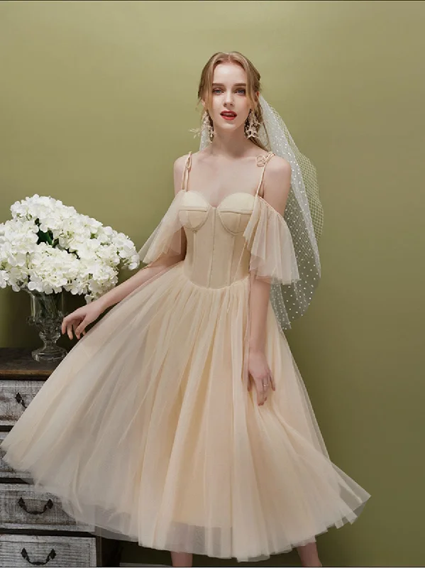 Final Sale Event Simple A-line Champagne Tulle Short Prom Dress, Champagne HDRomecoming dress