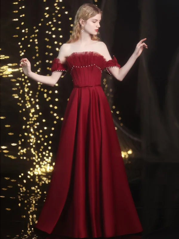 Big Offers Simple Burgundy Off Shoulder Satin Long Prom Dress, Burgundy Evening Dress