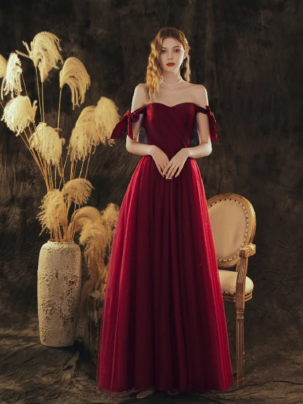 Weekend Offers Galore Simple Sweetheart Neck Tulle Long Prom Dress Burgundy Evening Dress