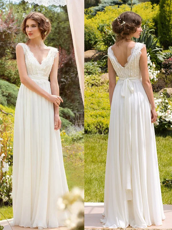 Simple Wedding Dresses V-neck Floor-length Chiffon Sexy Lace Bridal Gown JKW170