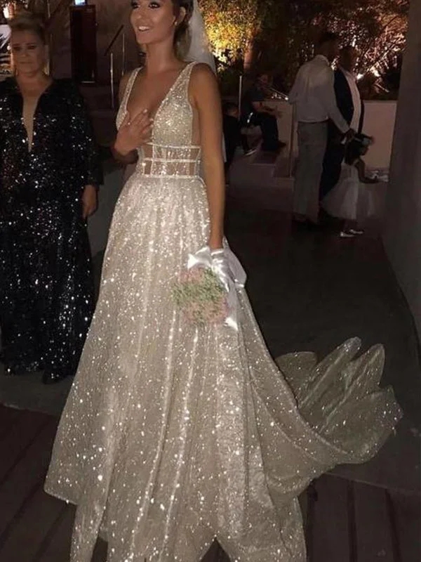 Sparkly Sexy Deep V Neck Wedding Dress with Straps A Line Backless Wedding Dress Sweep Train YSJ1992