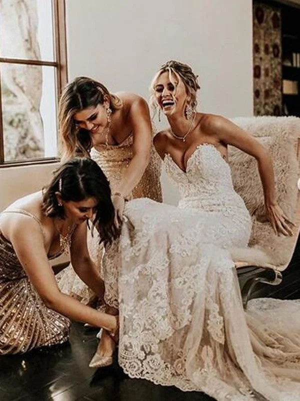 Hurry, Don’t Miss Out Strapless Lace Long Wedding Dresses, Sweetheart Modest Wedding Dresses