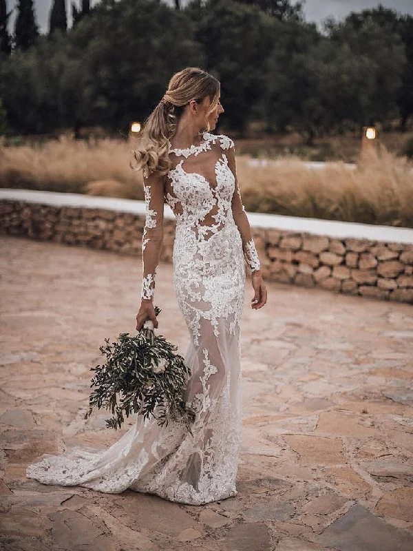 Stunning Lace Appliques See Though Mermaid/Turmpet Wedding Dress Backless Rustic Wedding with Sleeves Gowns YSQ5216