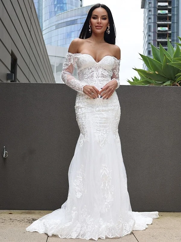 Weekend Special Sale Trumpet/Mermaid Tulle Applique Off-the-Shoulder Long Sleeves Sweep/Brush Train Wedding Dresses