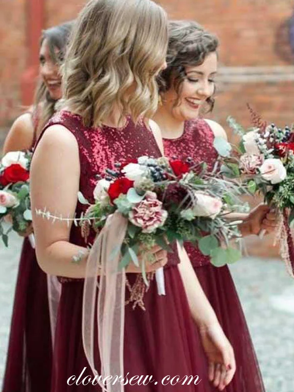 Weekend Special Shopping Event Two Piece Burgundy Sequin Tulle A-line Long Bridesmaid Dresses , CB0149 Weekend Special Shopping Event Two Piece Burgundy Sequin Tulle A-line Long Bridesmaid Dresses , CB0149