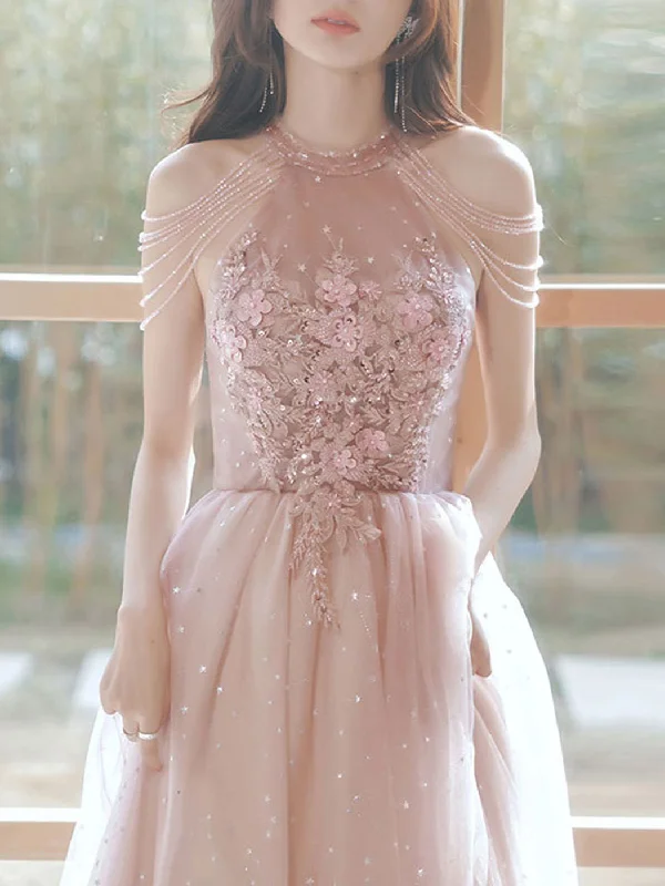 Unique Pink Tulle Lace Tea Length Prom Dress, Pink Tulle Formal Dresses