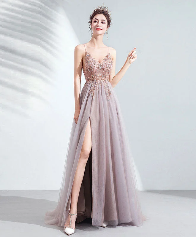 Unique V Neck Tulle Beads Long Prom Dress Tulle Formal Dress