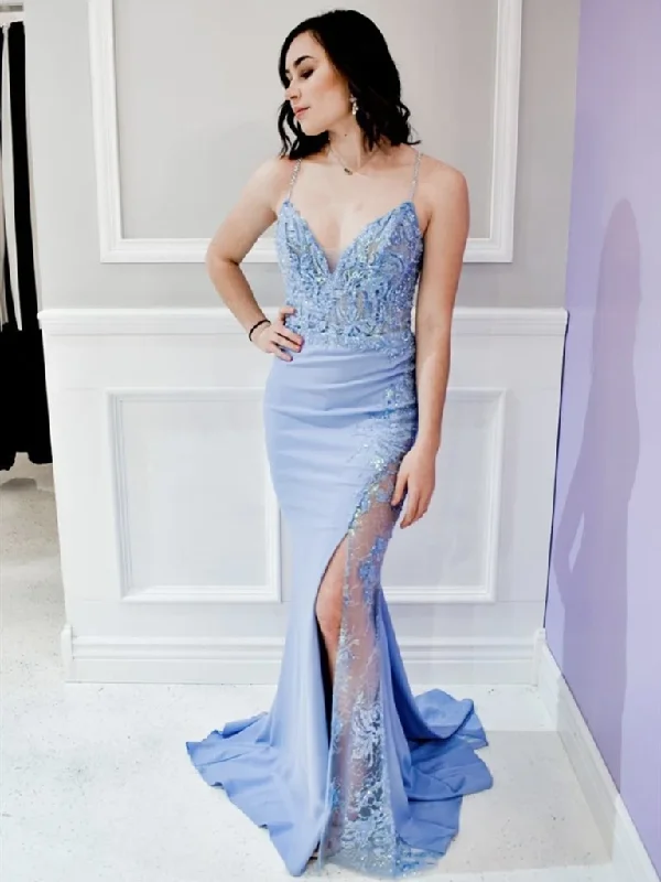 V Neck Blue Mermaid Lace Long  Prom Dresses, Sky Blue Mermaid Lace Formal Evening Dresses, Blue Lace Mermaid Bridesmaid Dresses