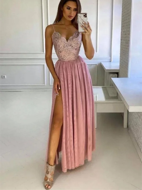 V Neck Pink Lace Long Prom Dresses, V Neck Pink Lace Long Bridesmaid Dresses, Lace Pink Formal Evening Dresses