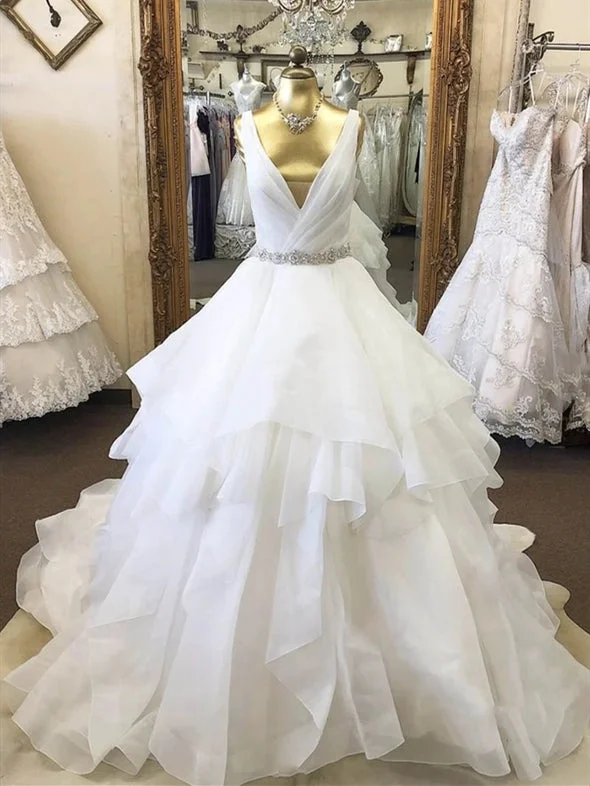 Hot Sale Items V-neck Long A-line Organza Wedding Dresses, Rhinestone Beaded Bealt Wedding Dresses, Bridal Gown