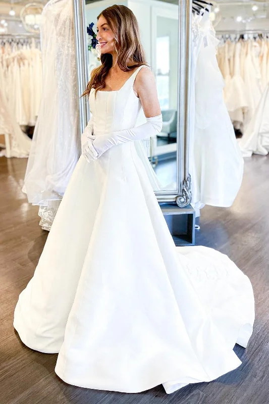 Crazy Price Cuts White Square Neck A-Line Wedding Dress with Bows
