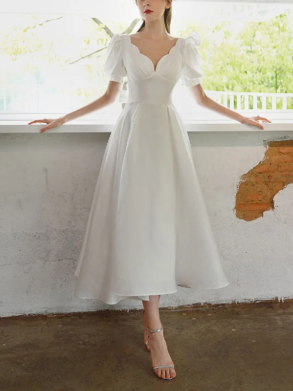Flash Discounts White V Neck Short Prom Dress, White Bridesmaid Dress