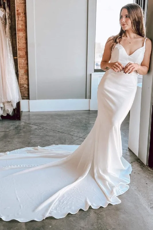 Flash Offer White V-Neck Tie-Back Mermaid Long Wedding Dress