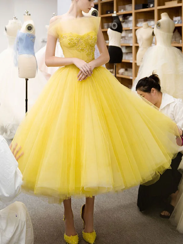 Weekend Offers You Love Yellow Tulle Beads Short Prom Dress, Puffy Yellow Homecoming Dress